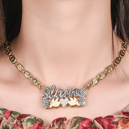 Double Layer Two Tone with Two Birds and Heart Personalized Custom Gold Plated Name Necklace XOXO Chain