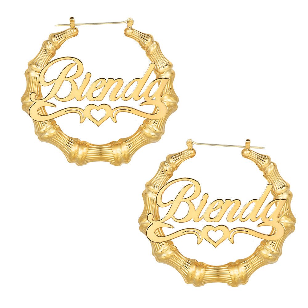 Bamboo Hoop with Heart Personalized Custom Name Earrings Gold Plated