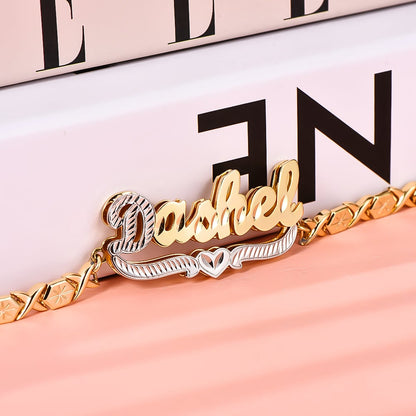 Double Layer Two Tone Nameplate with Heart XOXO Chain Personalized Custom Gold Plated Name Bracelet-silviax