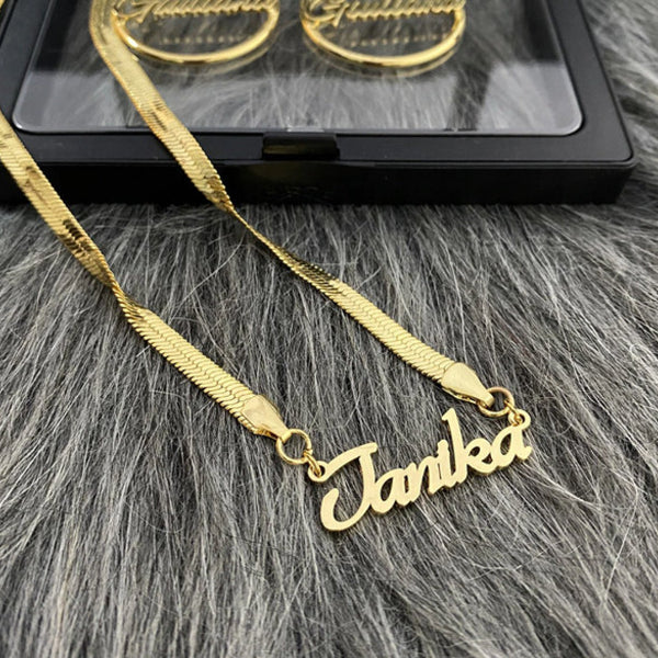 Personalized Herringbone Name Necklace Earrings Custom Carrie Name Jewelry Set-silviax