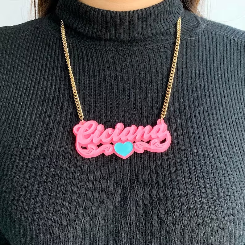 Pink Acrylic Jewelry Set with Blue Heart Personalized Custom Name Necklace Bamboo Hoop Earrings Set-silviax