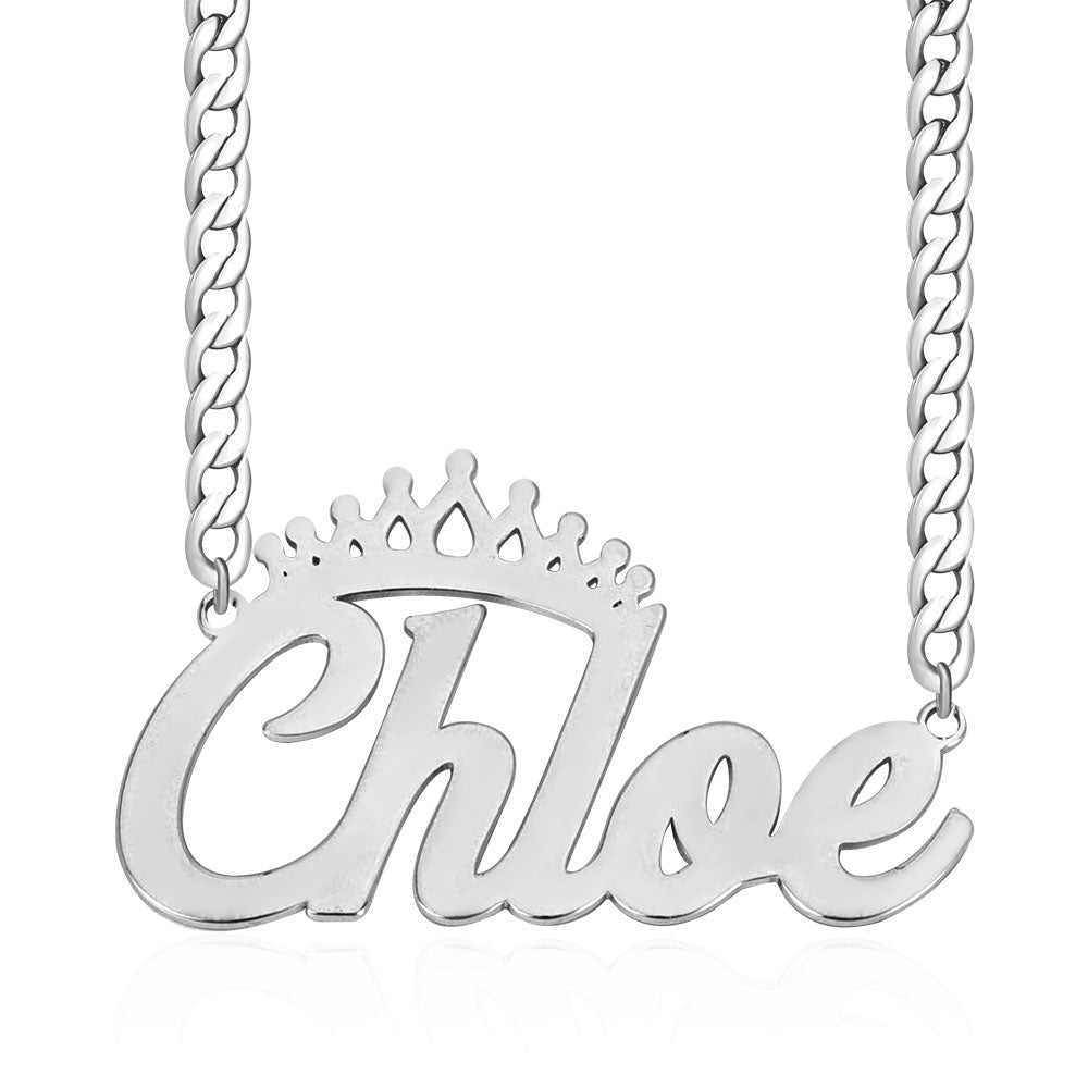 Crown Nameplate Personalized Custom White Gold Name Necklace