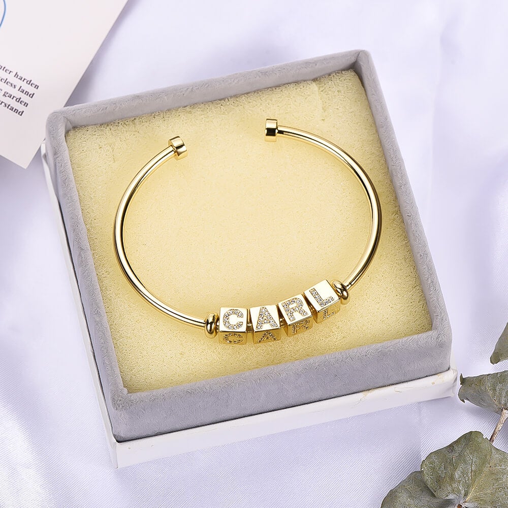 Cube Bead With Inlaid Zircon Letters Personalized Gold Plated Custom Cuff Name Bangle Bracelet