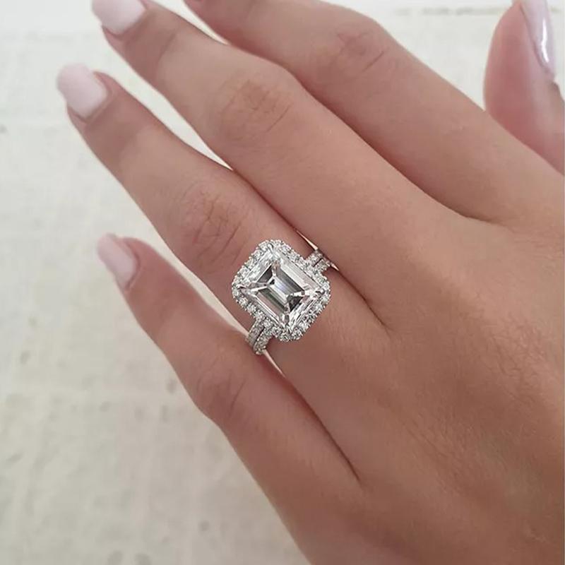 Halo Emerald Cut Sona Simulated Diamonds Wedding Ring Set for Women-Maxinejewelry