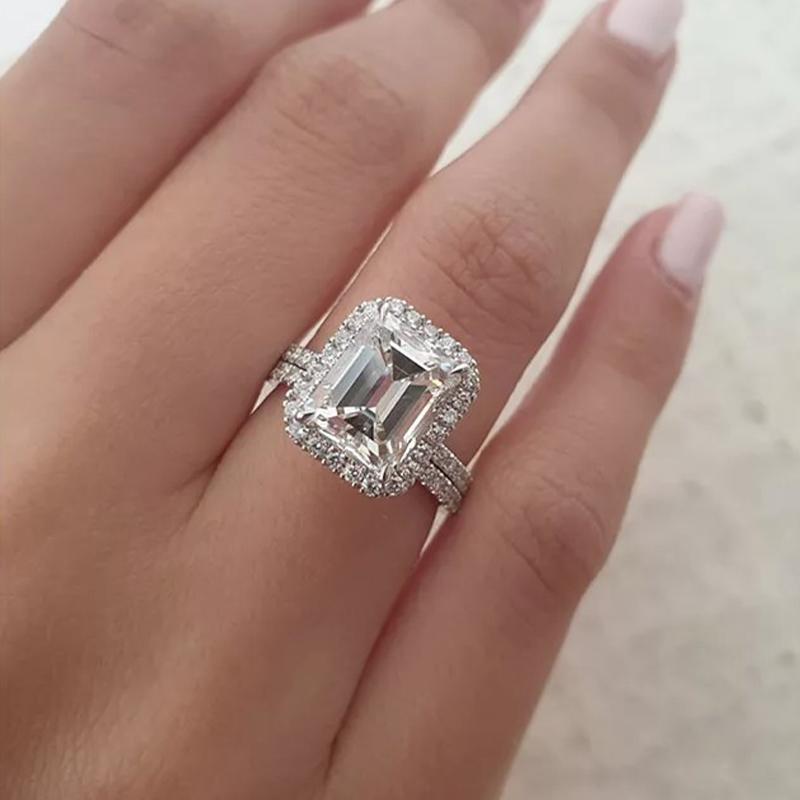 Halo Emerald Cut Sona Simulated Diamonds Wedding Ring Set for Women-Maxinejewelry