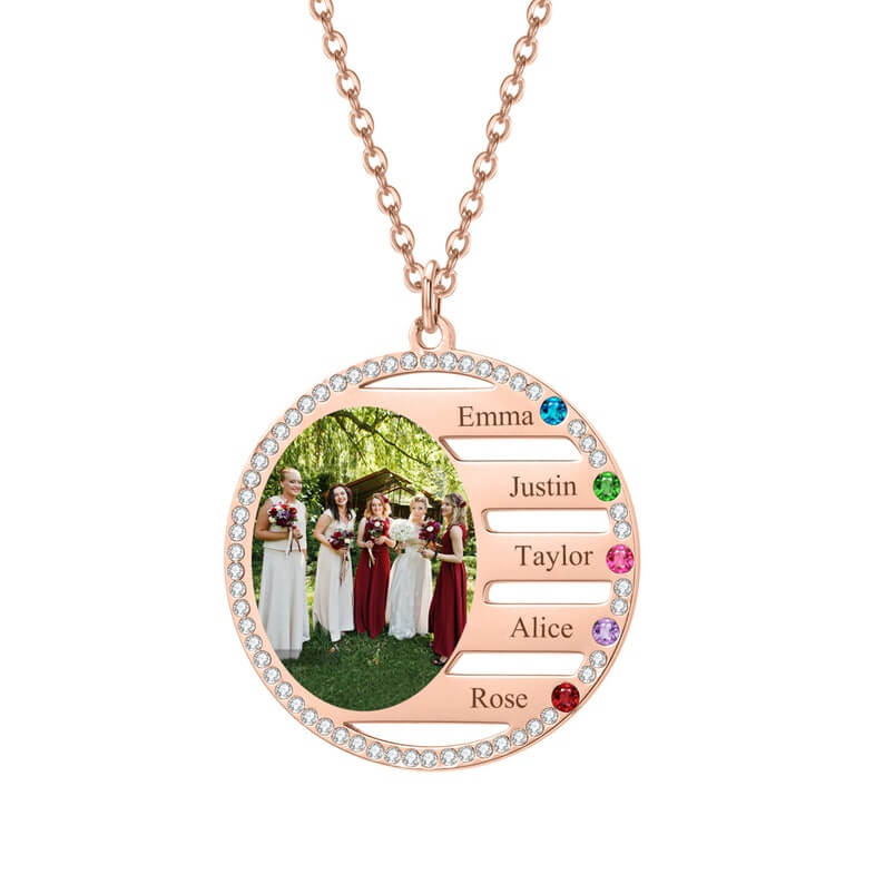 2 To 5 Names With Birthstone And Photo Round Pendant Personalized Custom Gold Plated Family Necklace-silviax