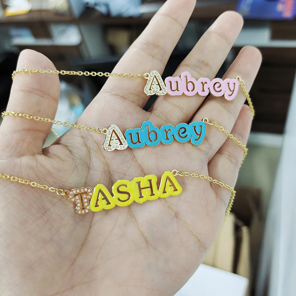 Colorful Hollow Enamel Nameplate with Zircon First Letter Personalized Name Necklace-silviax