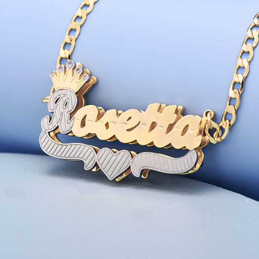 Double Layer Two Tone Nameplate Crown Heart Personalized Custom Gold Plated Name Necklace-silviax