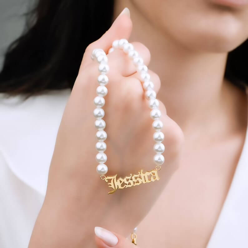 Double Layer Old English Font with Pearl Chain Personalized Custom Gold Plated Name Necklace-silviax