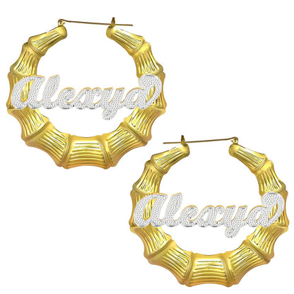 Gold Plated Personalized Two Tone Bamboo Hoop Name Earrings