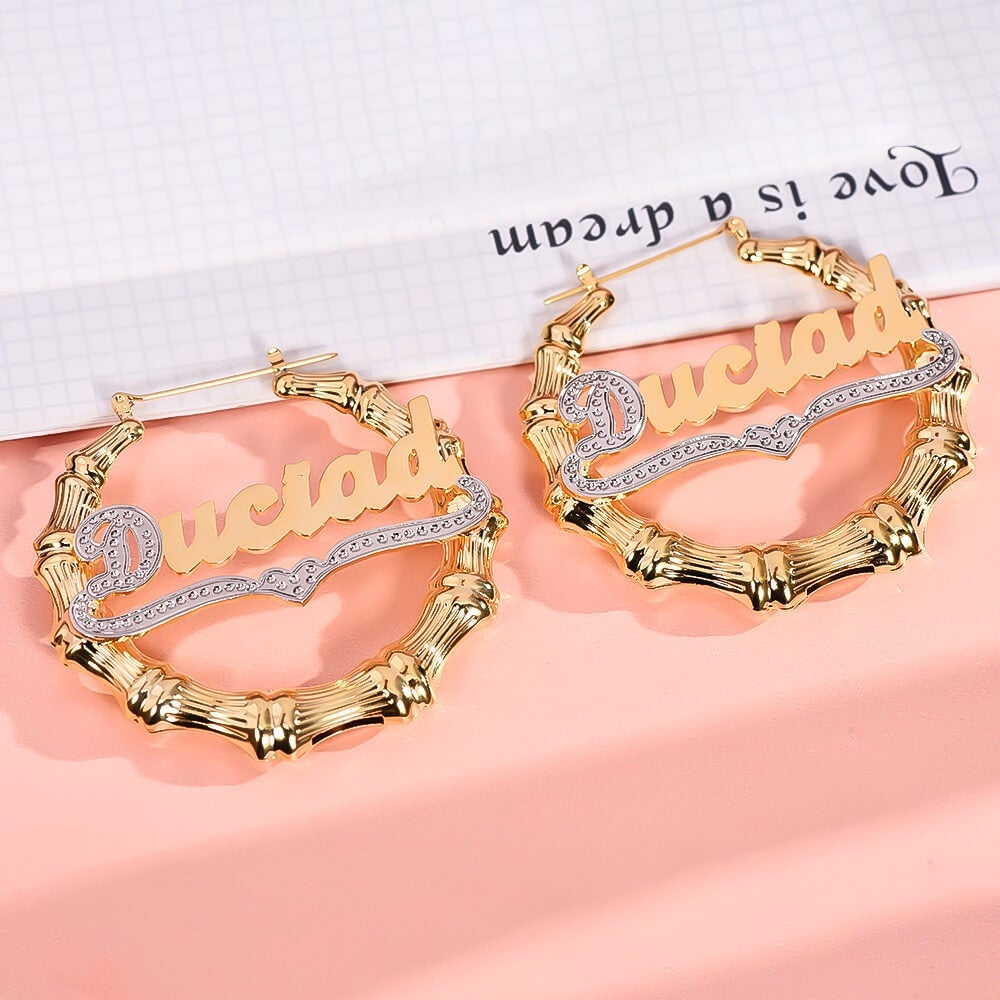 Personalized Bamboo Double Plated Two Tone Name Hoop Earrings