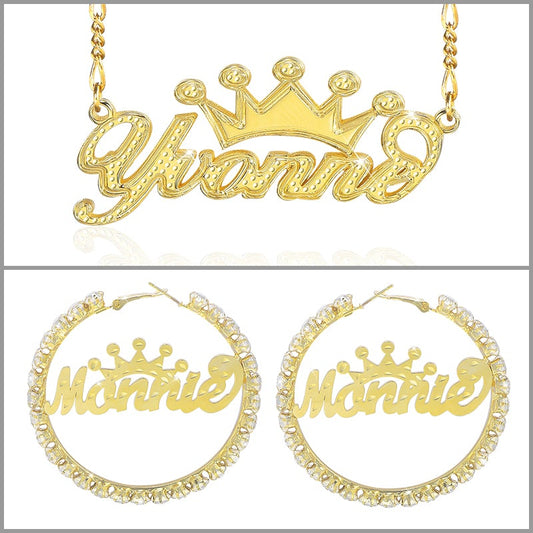 Crown Personalized Custom Gold Plated Necklace and Earrings Set-silviax