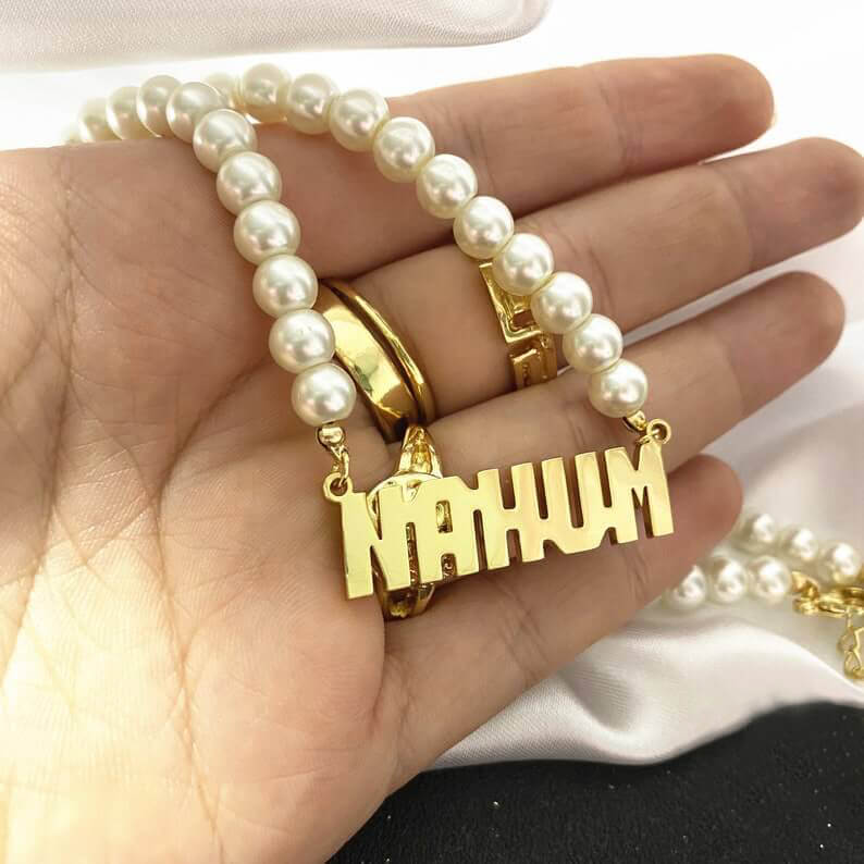 Capital Letter Nameplate Pendant With Pearl Chain Personalized Custom Gold Plated Name Necklace-silviax