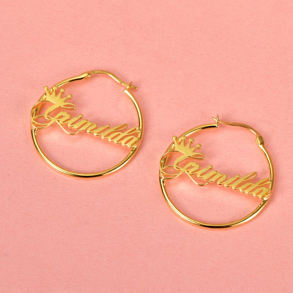 Gold Plated Crown Hoop Personalized Name Earrings-silviax