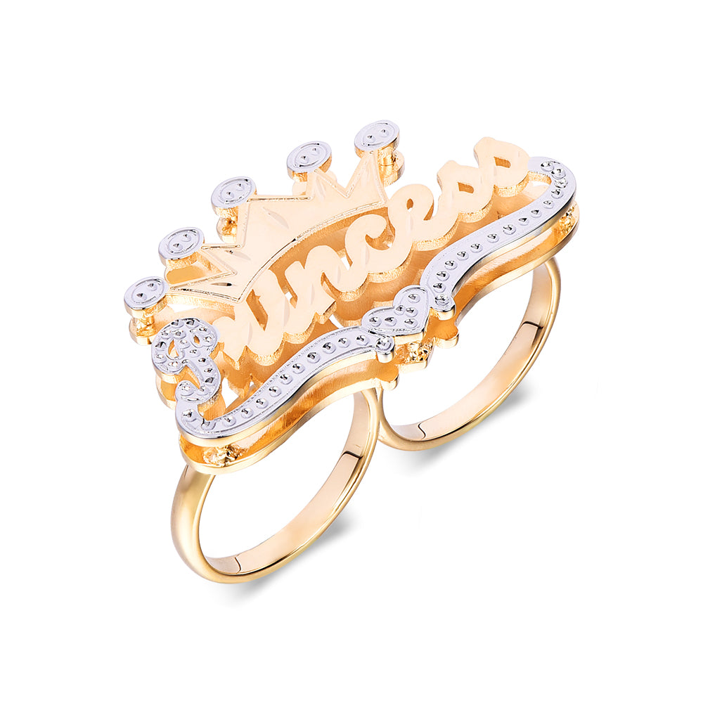 Double Layer Two Tone Two Finger with Crown Heart Personalized Custom Gold Plated Name Ring-silviax