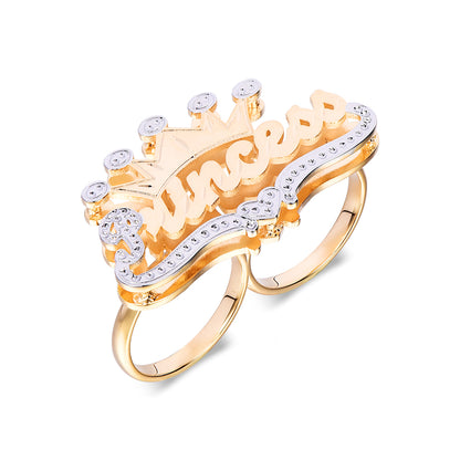 Double Layer Two Tone Two Finger with Crown Heart Personalized Custom Gold Plated Name Ring-silviax