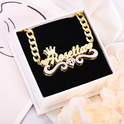 Double Layer Two Tone Crown Heart Diamond Shape Match Cuban Chain Personalized Custom Gold Plated Name Necklace-silviax