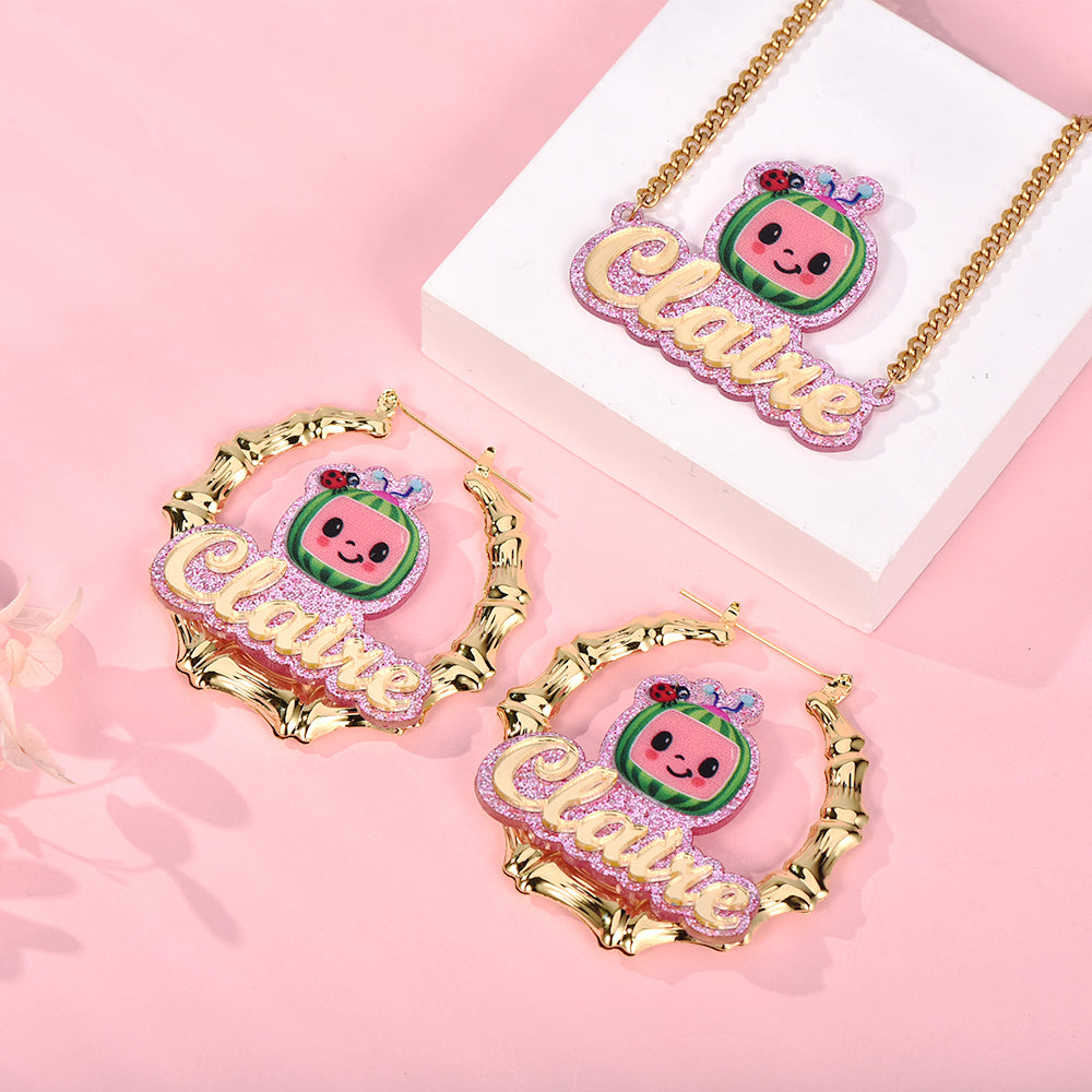 Pink Acrylic Cute Watermelon Nameplate Jewelry Set Personalized Name Necklace and Bamboo Earrings-silviax