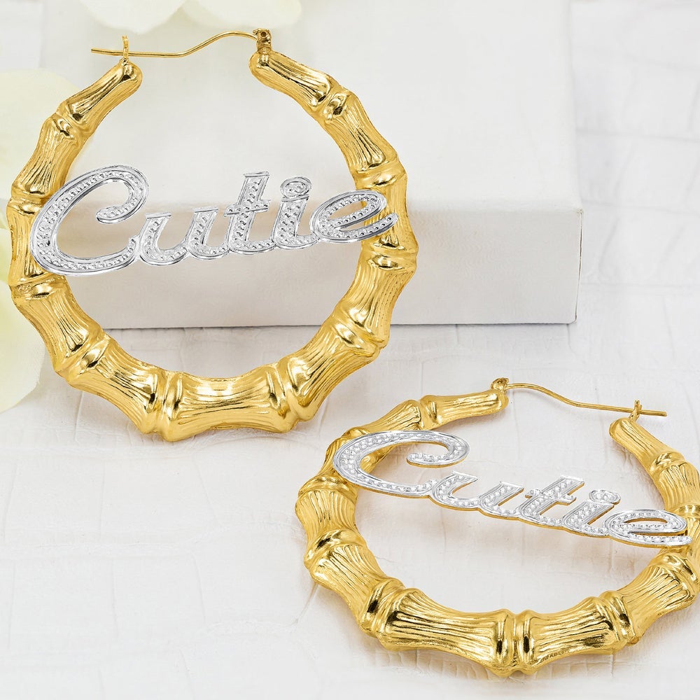 Gold Plated Personalized Two Tone Bamboo Hoop Name Earrings