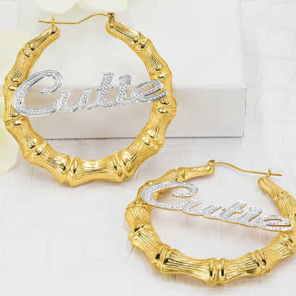 Gold Plated Personalized Two Tone Bamboo Hoop Name Earrings