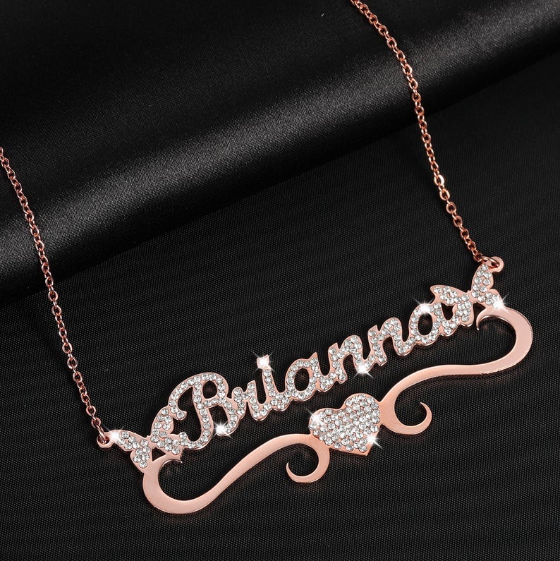 Double Butterfly Love Heart Personalise Custom Gold Plated  Name Necklace-silviax