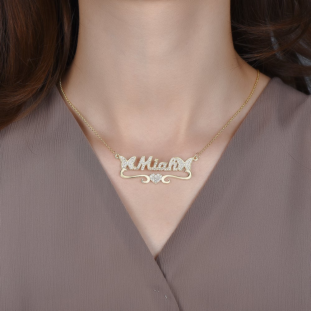 Double Butterfly Love Heart Personalise Custom Gold Plated  Name Necklace-silviax