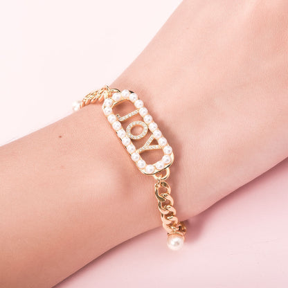 Capital Letter Inlaid Zircon Pearl Chain Personalized Custom Gold Plated Name Bracelet