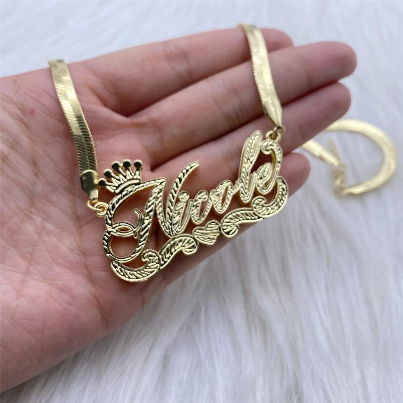 Double Layer Nameplate Crown Heart Personalized Custom Gold Plated Snake Chain 3D Name Necklace