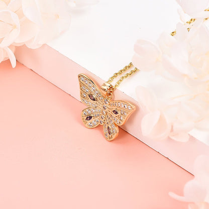 Butterfly Inlay Zircon Pendant Gold Plated Necklace-silviax