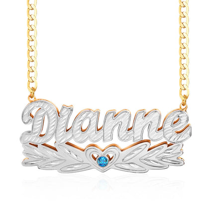 Double Layer Two Tone Wing Heart Nameplate with Birthstone Personalized Custom Gold Plated Name Necklace