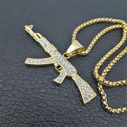 Hip Hop Iced Out Rhinestones Gold Plated AK47 Gun Pendant  Necklace