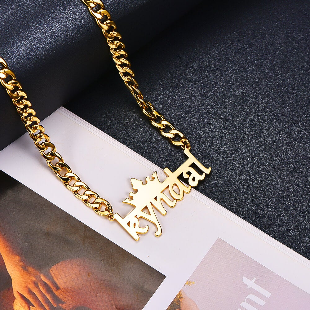 Crown And Horizontal Line With Cuban Chain Personalized Custom Gold Plated Name Necklace-silviax