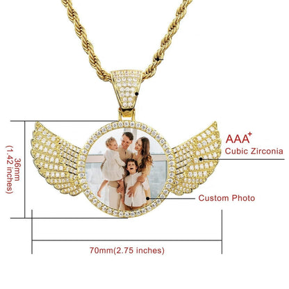 Angel Wing Round Pendant Hip Hop Lettering Custom Photo Necklace Gold Plated-silviax