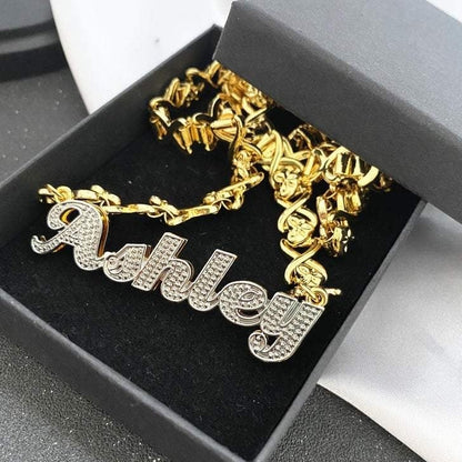 Double Layer Two Tone Nameplate Personalized Custom Gold Plated Name Necklace with XOXO Chain-silviax