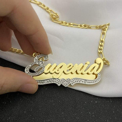 Double Plate Two Tone Heart Personalized Custom Gold Plated Name Necklace Set with Rhinestones-silviax