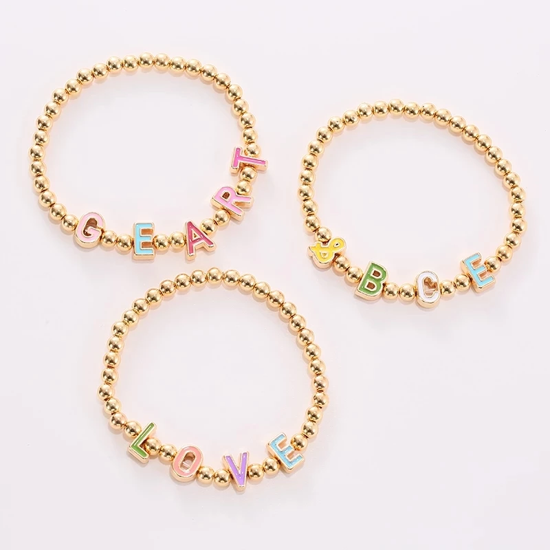 Colorful Enamel Capital Letters and Golden Beads Name Bracelet-silviax