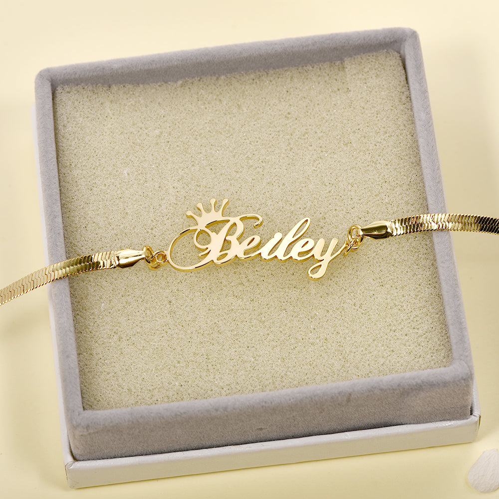 Snake Chain Personalized Custom Gold Plated Crown Name Bracelet-silviax