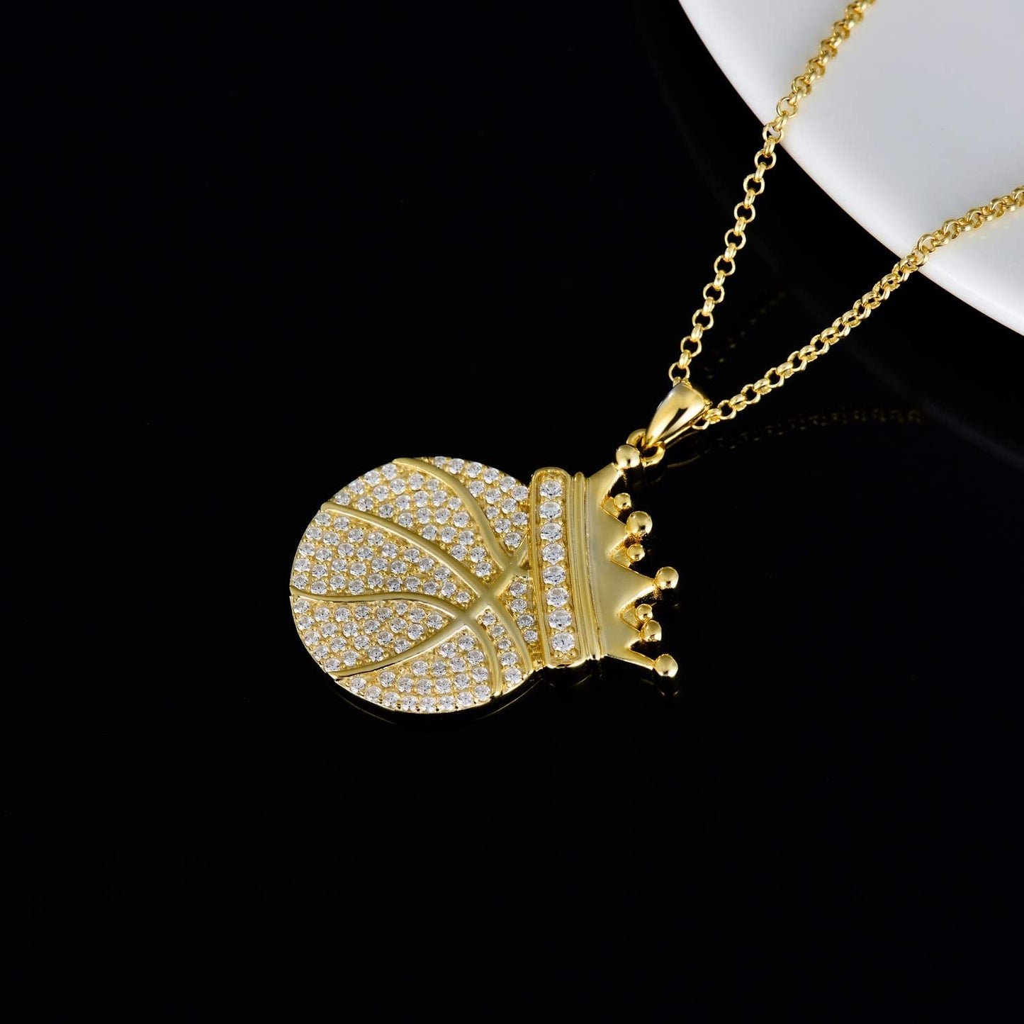 Crown Basketball Pendant Gold Plated Necklace Hip Hop Sport Style for Boy Men