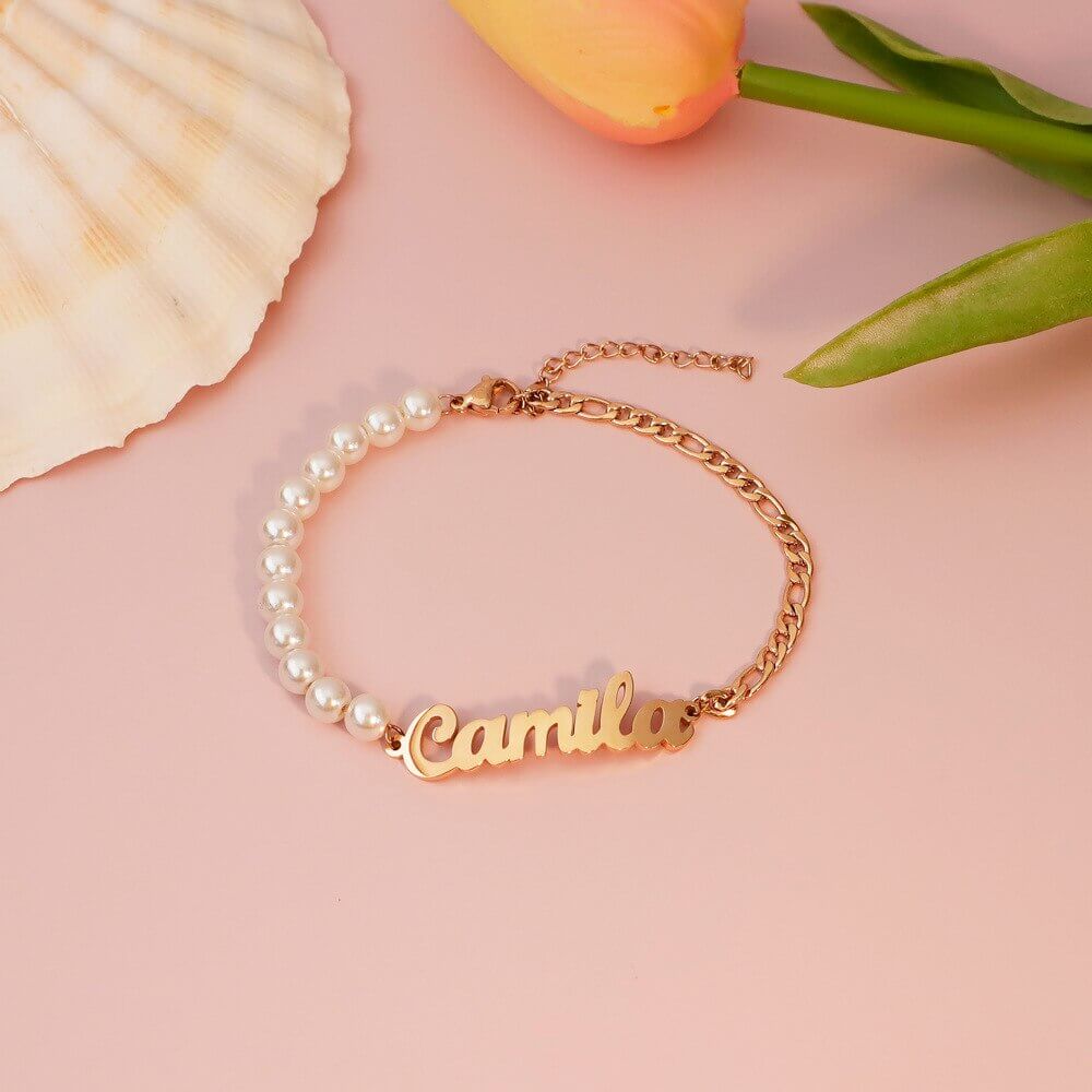 Pearl Chain And Figaro Chain Personalized Custom Gold Plated Name Bracelet-silviax