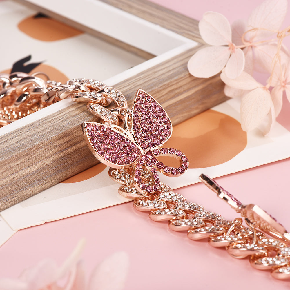 Iced Out Cubic Zirconia Butterfly Cuban Chain Bracelets-silviax