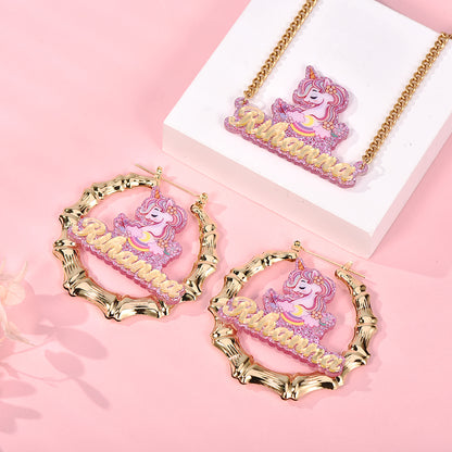 Pink Acrylic Unicorn Nameplate Jewelry Set Personalized Name Necklace and Bamboo Earrings-silviax