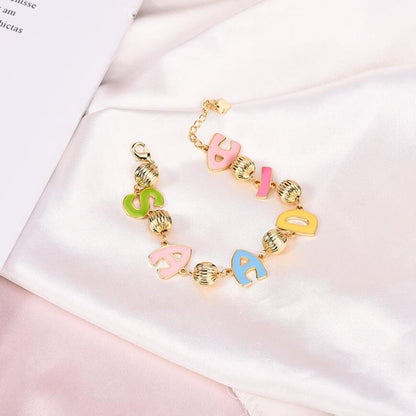 Color Enamel Capital Letter With Round Beads Personalized Custom Gold Plated Name Bracelet-silviax