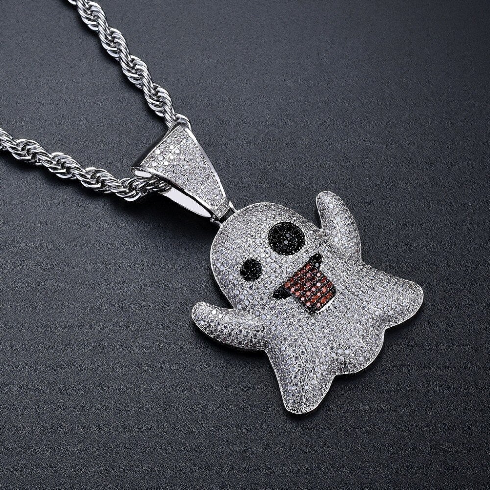 Hip Hop Shiny Emoji Ghost Iced Out Pendant Necklace White Gold Jewelry for Men and Women