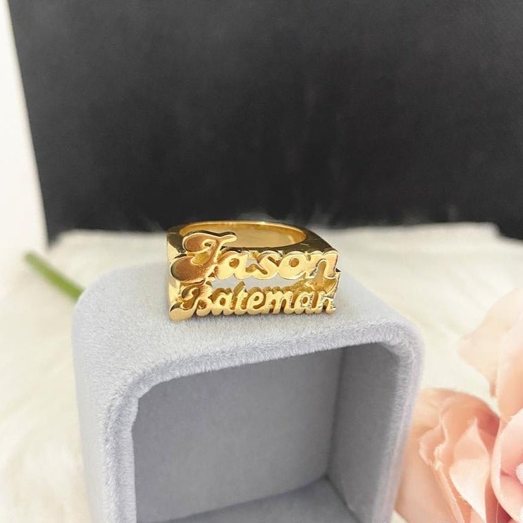 Two Name Personalized Custom Gold Plated Nameplate Couple Ring Gifts For Her-silviax