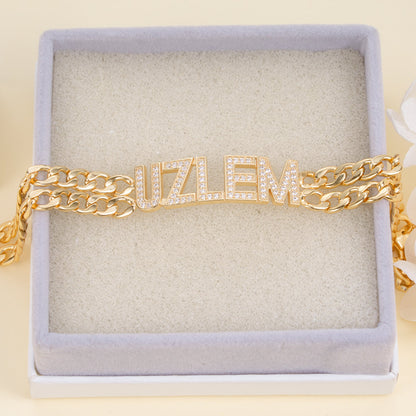 Double Chain with Rhinestones Gold Plated Personalized Custom Name Bracelet