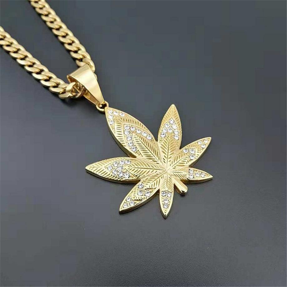 Hemp Leaf Pendant Necklace with Rhinestones Gold Plated Jewelry Gift for Men Dad