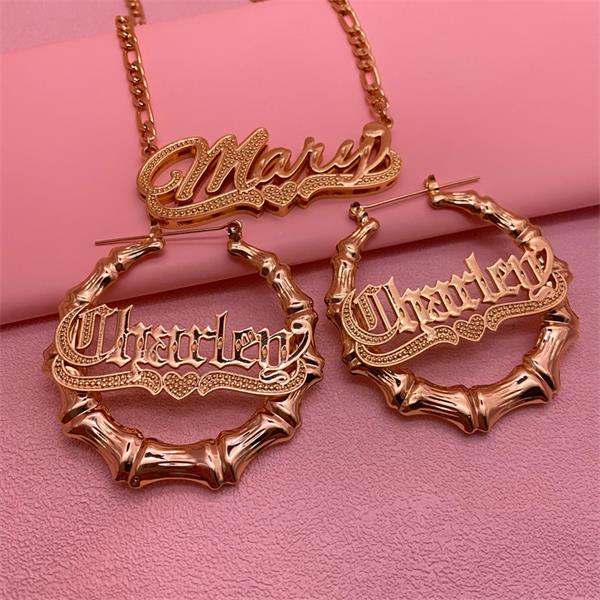 Gold Plated Personalized Name Necklace Old English Nameplate Bamboo Earrings Set-silviax