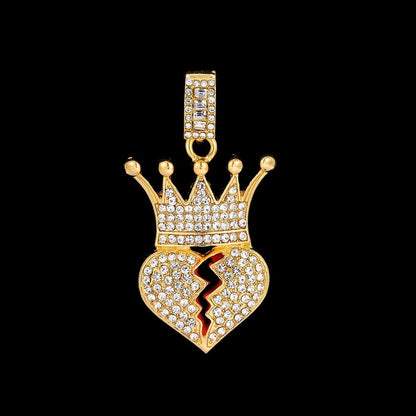 Bling Iced Out Broken Heart Pendant Necklace Tennis Chains Gold Plated