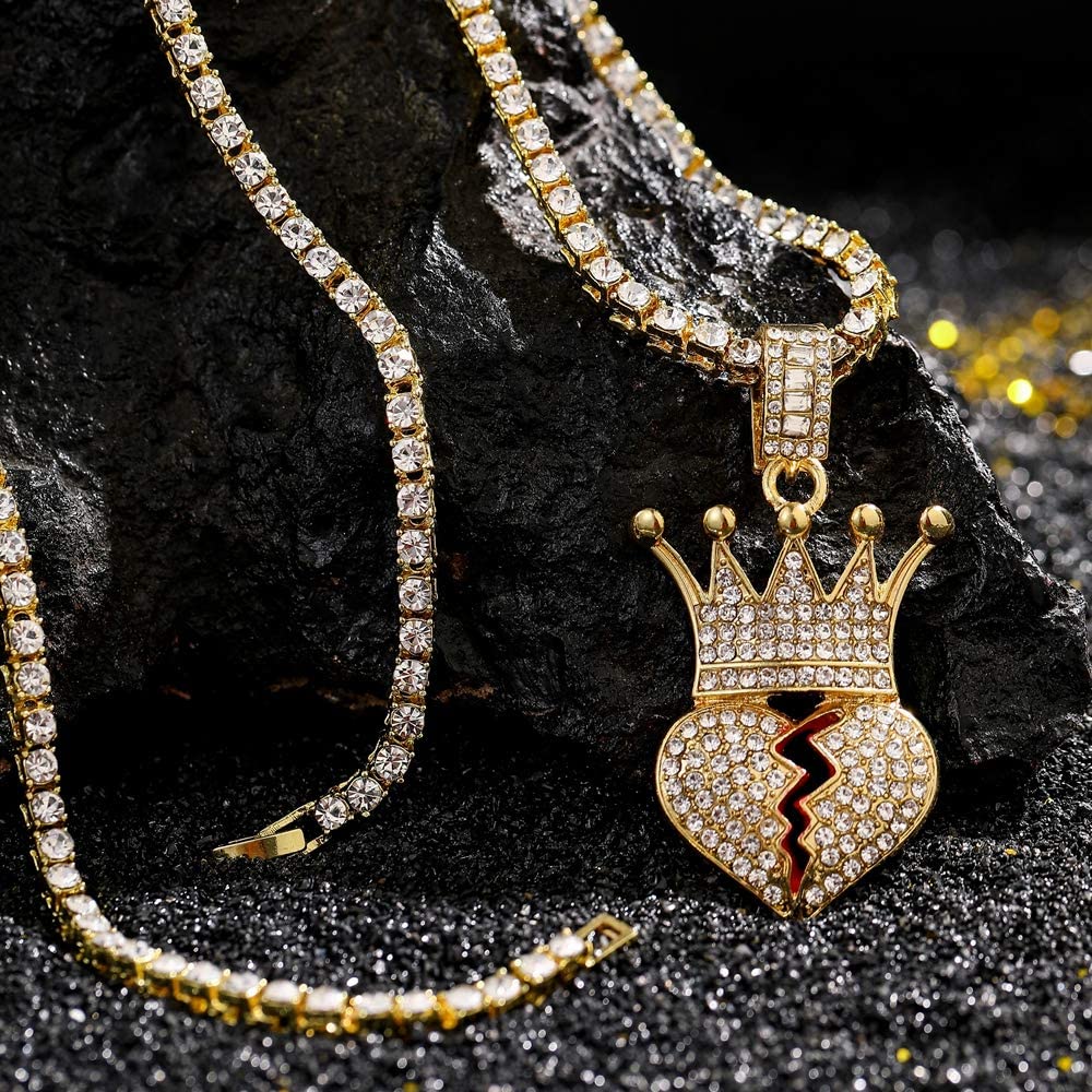 Bling Iced Out Broken Heart Pendant Necklace Tennis Chains Gold Plated