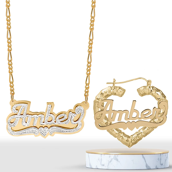 Double Plate with Heart Personalized Custom Name Necklace And Heart Shaped Bamboo Name Earrings Set-silviax